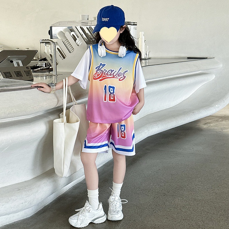 女童篮球服儿童学生球衣短袖假两件速干训练服女孩夏季运动套装潮