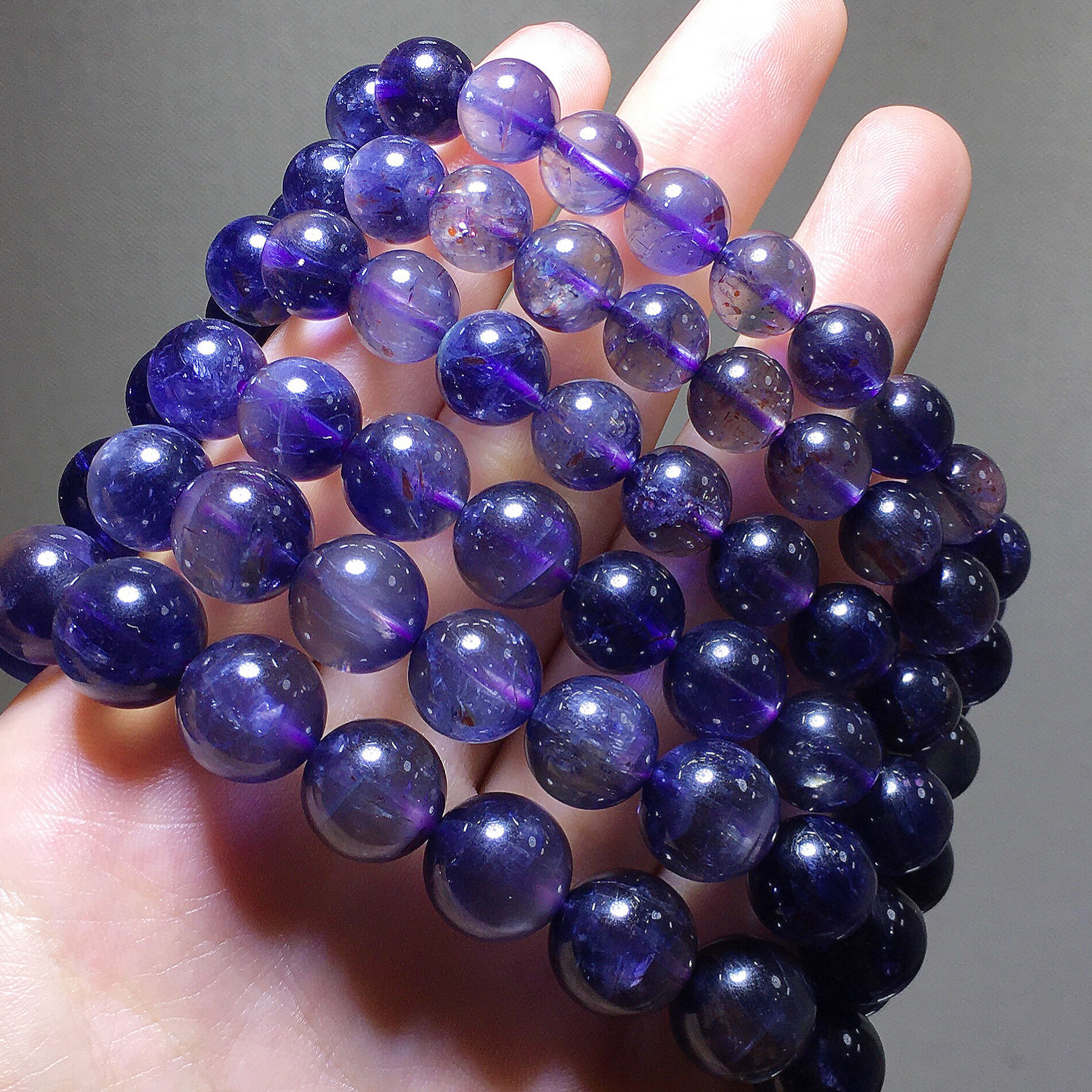 天然堇青石老矿蓝水晶手串紫萝蓝圆珠单圈蓝宝石手链血点堇青