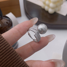 S925纯银小众轻奢施家珍珠满钻戒指女简约蕾丝设计感韩国韩版开口