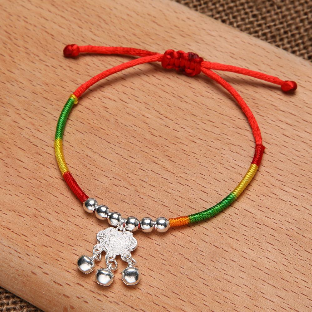 儿童款绕线五彩绳手链手工编织五彩线加铃铛长命锁手链端午节爆款