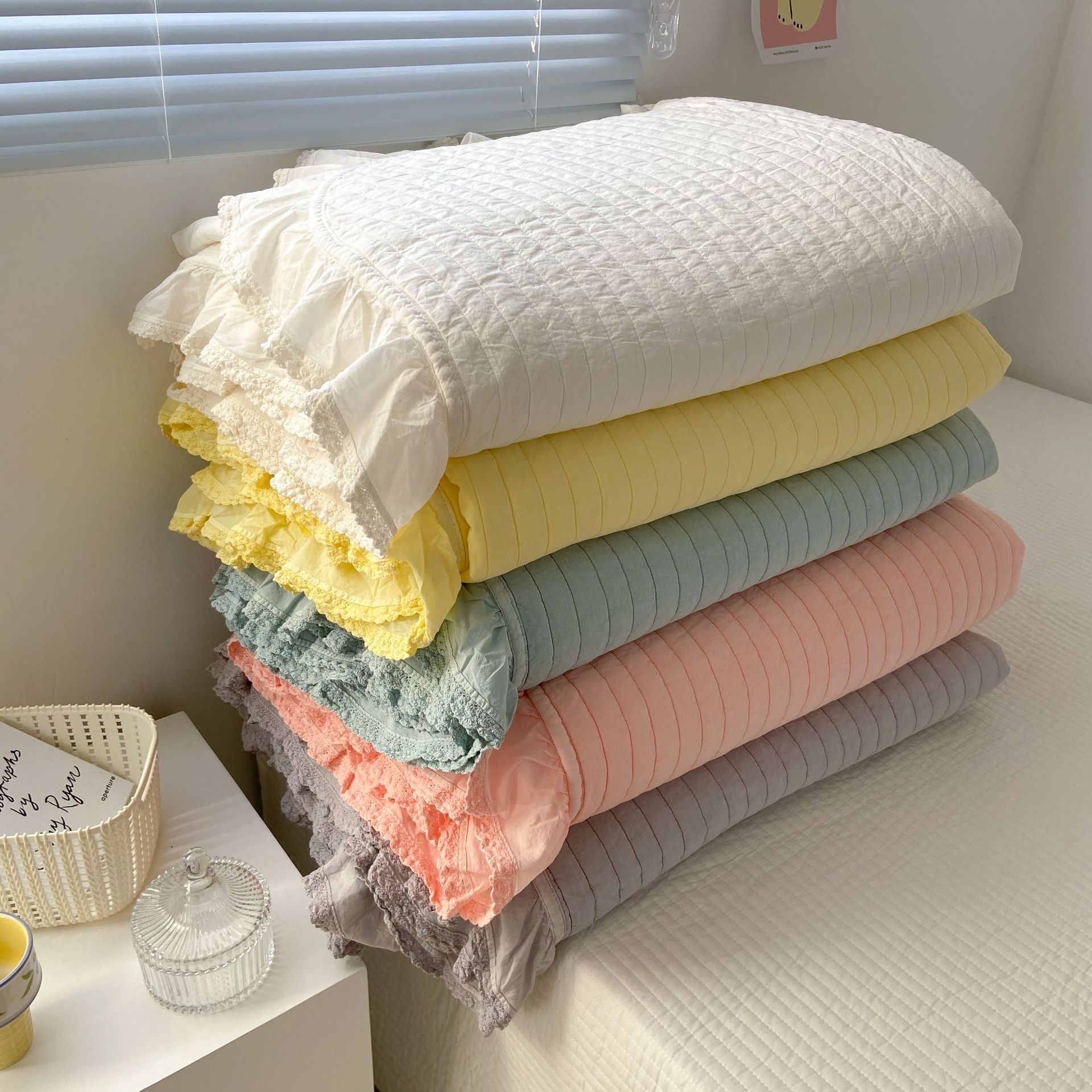 ins韩国60支纯棉砂洗床盖三件套外贸绗缝夹棉床单空调被夏被盖毯