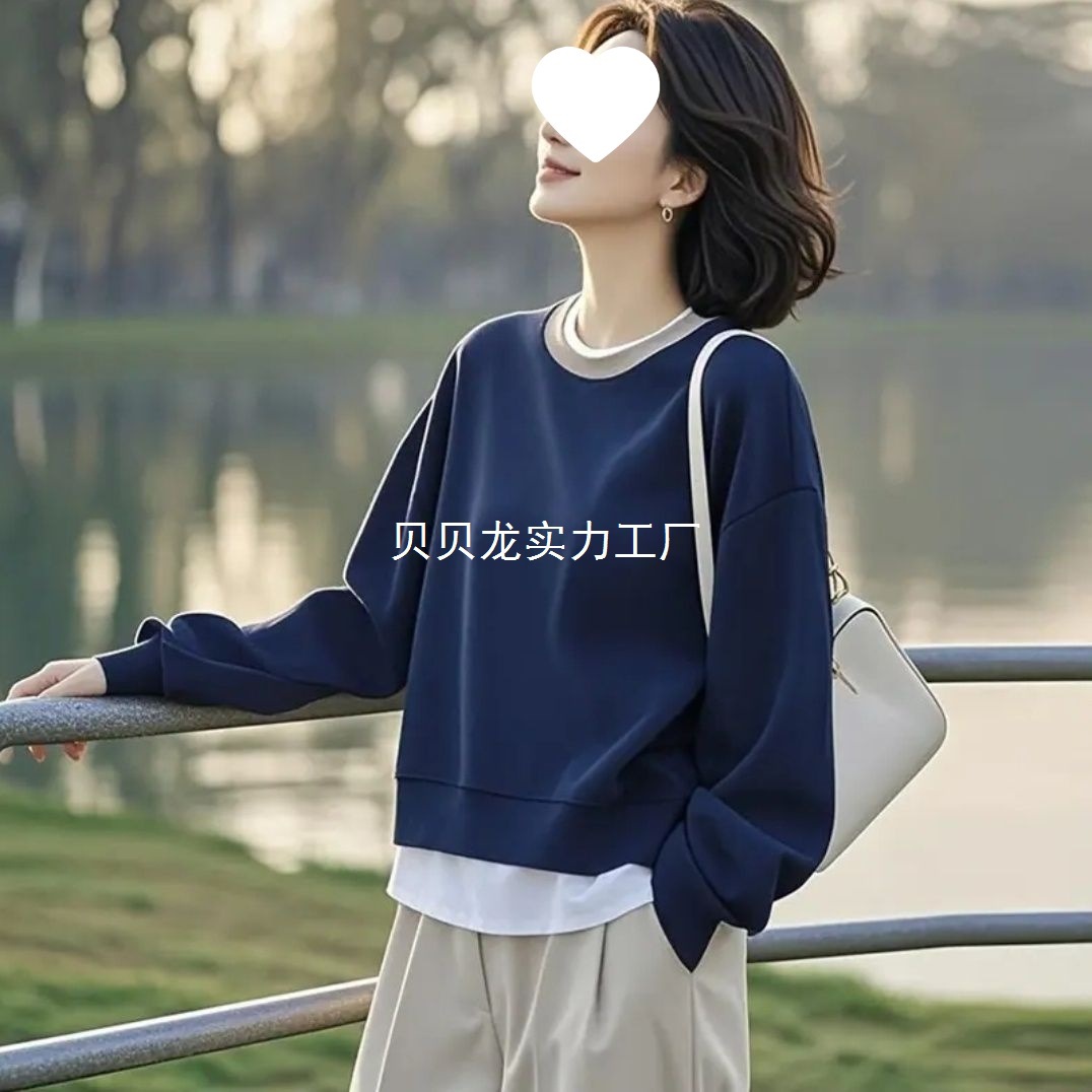 2025春秋新款假两件设计感百搭小众不撞款套头圆领卫衣外套女