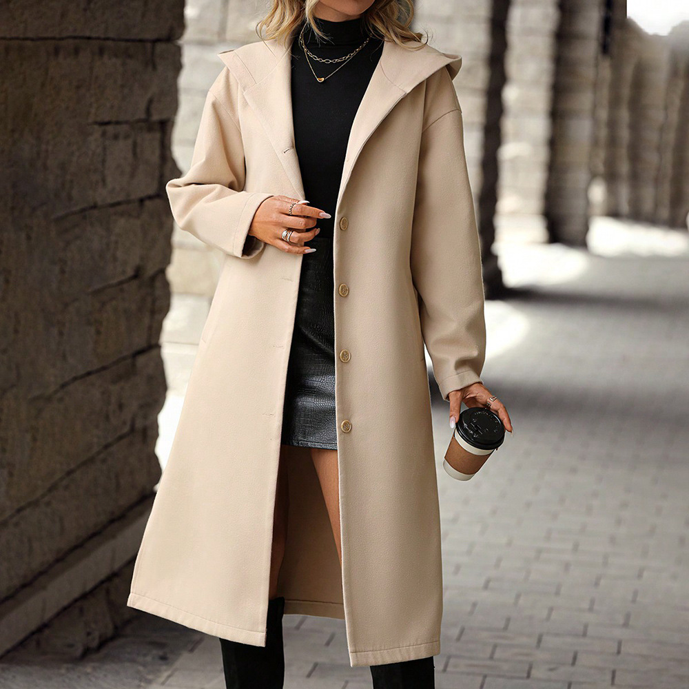 亚马逊气质通勤单排扣中长毛绒风衣外套 宽松连帽大衣 女-阿里巴巴