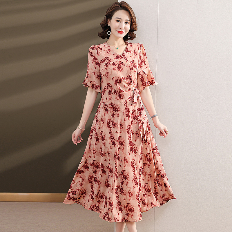 Mother's Dress 2024 Summer New Fashionable Dress Elegant Middle-Aged Dress Women's Summer Fashion Belly Covering Large Size