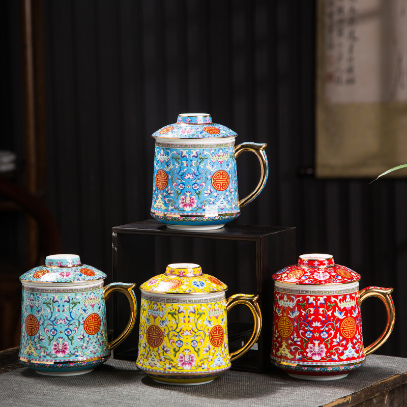 jingdezhen ceramic tea set enamel cup tea cup tea water separation with tea strainer filter personal office business