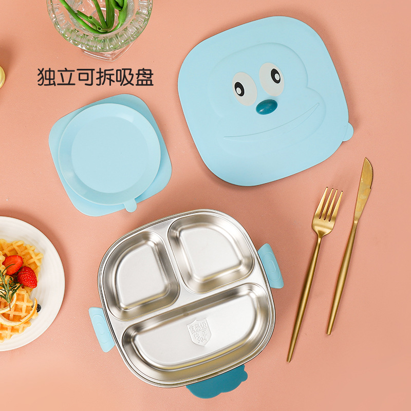 304 Stainless Steel Children's Dinner Plate Baby Drop Proof Suction Cup Water Injection Thermal Insulation Bowl Baby Compartment Complementary Food Lunch Box Lunch Box