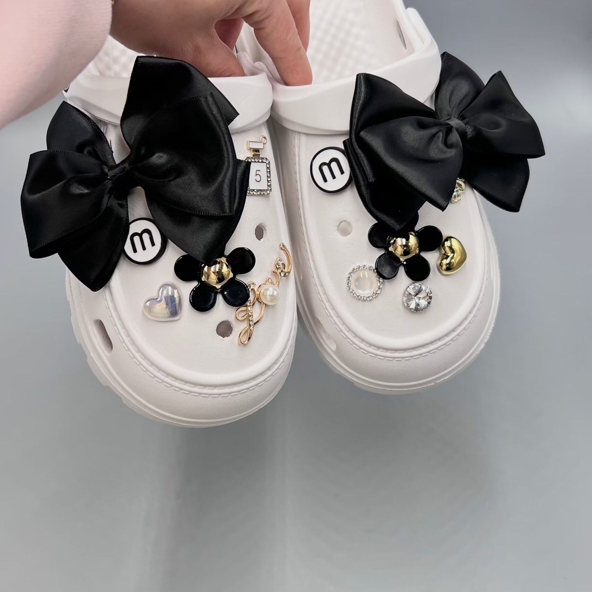 Xiaohongshu Same Style Shoe Ornament Cross Black Bow Flower Hole Shoes Accessories Shoe Buckle Women's Buckle Slippers DIY