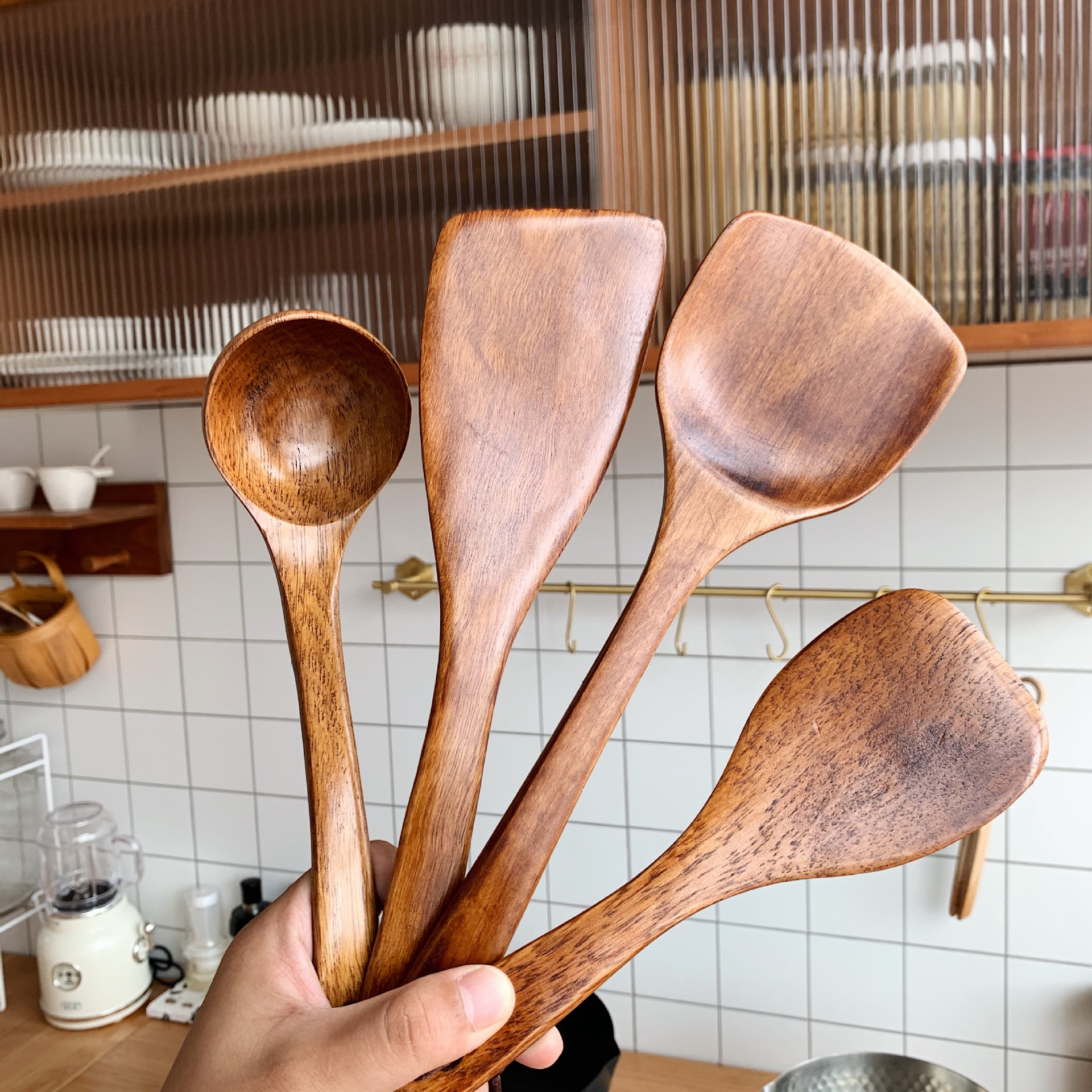 实木榉木老油锅铲4件套 炒菜锅铲勺家用日式套装厨具