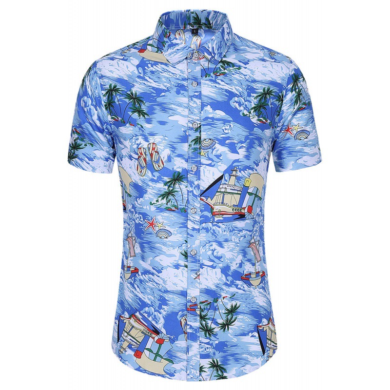夏威夷衬衫短袖男沙滩服男椰树套装衬衣女印花情侣速干裤海南岛服