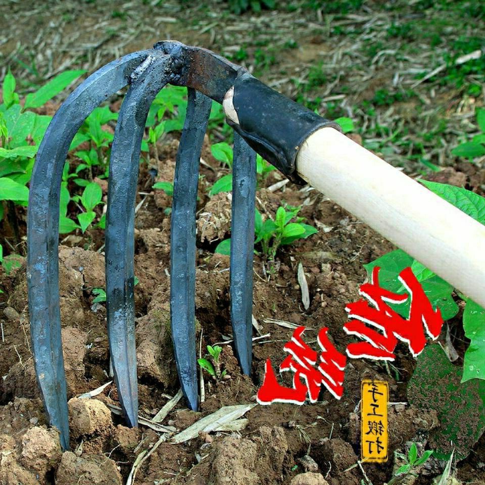 手工耙子锻打四齿农用工具园艺水泥耙铁钉耙菜园开垦松土种菜抓钩