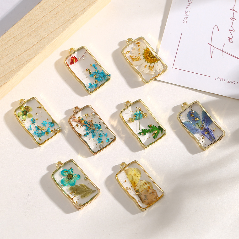 跨境新款复古合金滴胶雏菊干花花朵diy长方形吊坠手作耳环头饰女