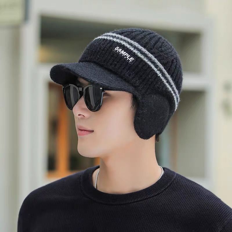 帽子男冬季加绒加厚保暖护耳鸭舌针织帽男士户外防风防寒毛线帽冬