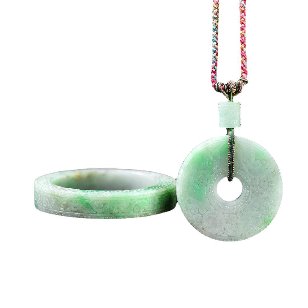缅甸a货老料玉石正阳绿翡翠雕花子母扣吊坠手工雕刻中国风项链