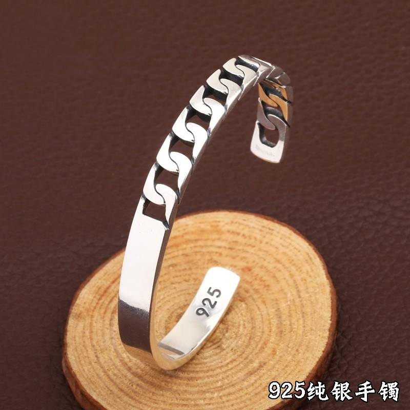 s925纯银饰品 男女时尚个性简约镂空光面手镯 情侣同款银手环刻字
