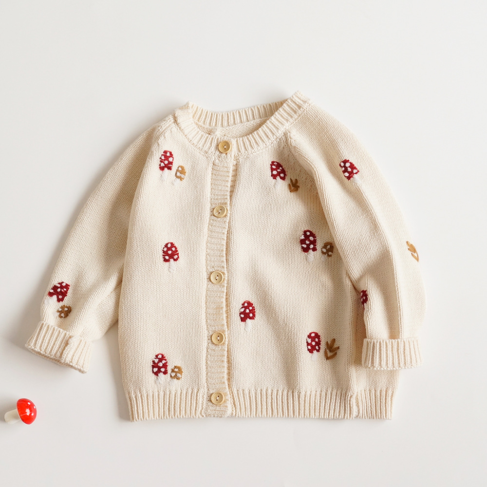 儿童毛衣春秋新款女童可爱手绣小蘑菇棉线针织衫毛衣洋气宝宝开衫
