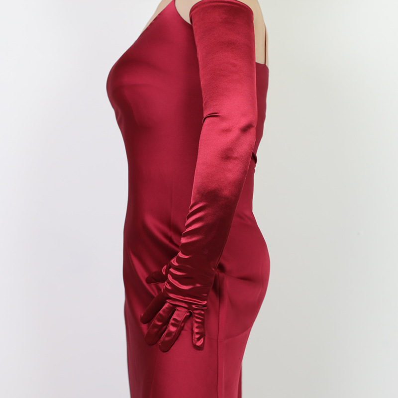 丝绸手套 70cm弹性丝光珠光仿真丝绸缎面红色超长款过肘防晒婚纱