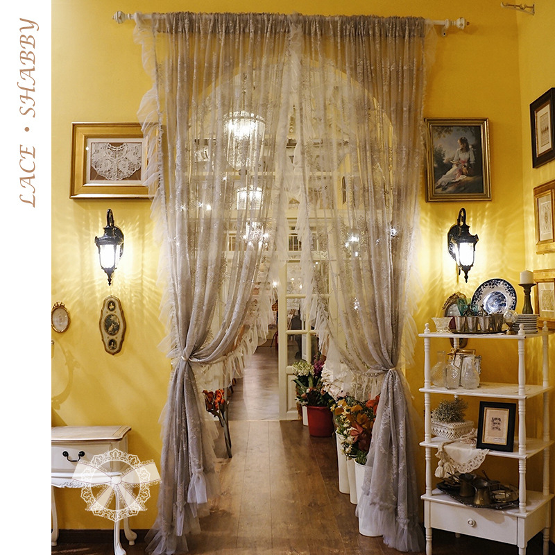 复古荷叶边法式洛可可灰色花纹蕾丝别墅成品布艺卧室窗纱窗帘