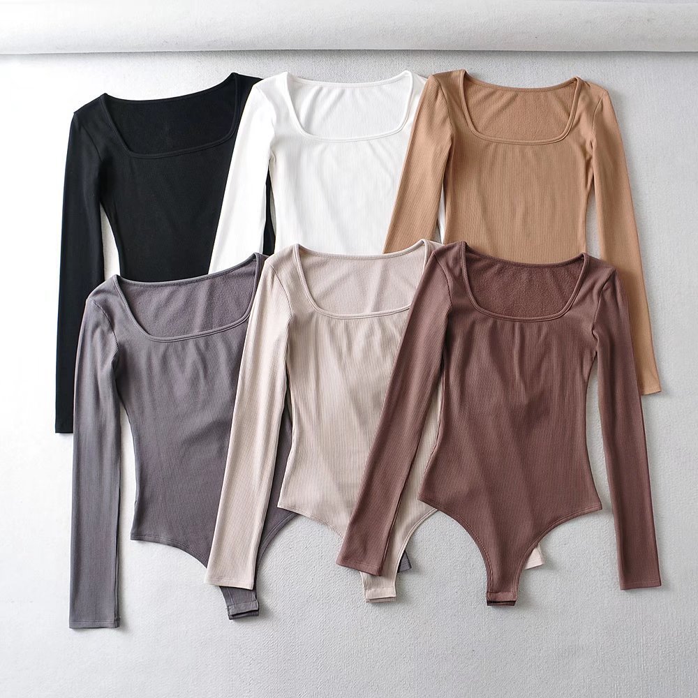 磨毛方领修身弹力连体t恤女 秋冬季纯色长袖螺纹棉连裆裤打底衫潮