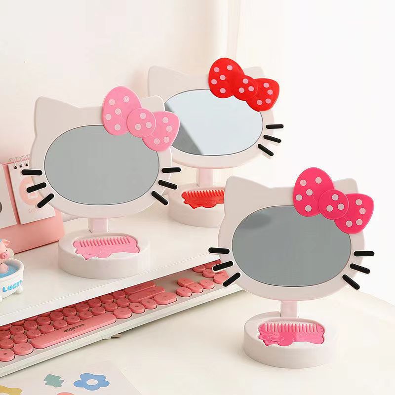 New My031 Cute Hello Kitty Makeup Table Mirror Makeup Mirror with Comb Foldable KT Mirror Desktop Mirror