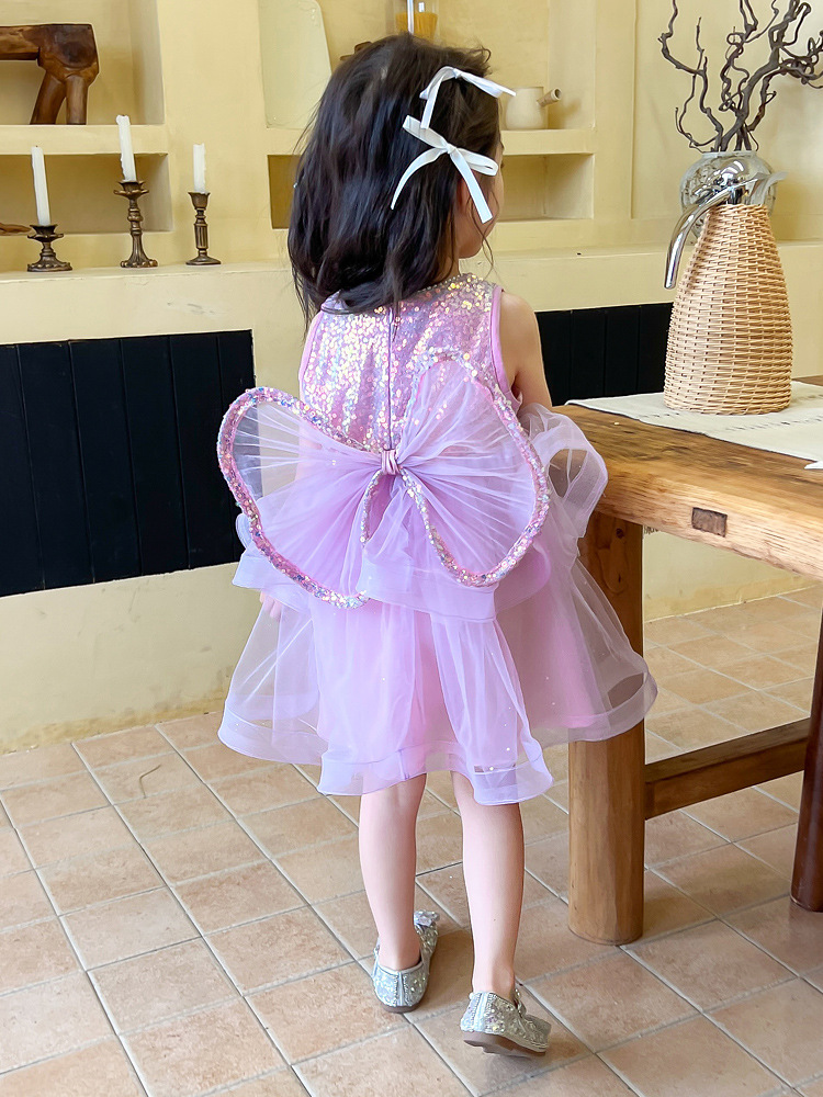 小女孩夏季亮片连衣裙宝宝六一表演礼服后背蝴蝶结网纱公主儿童装