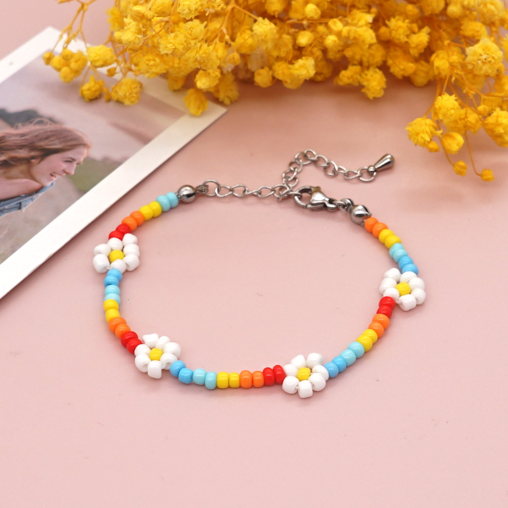 ins超火米珠小花花雏菊手链女 欧美跨境饰品彩色米珠手工串珠首饰