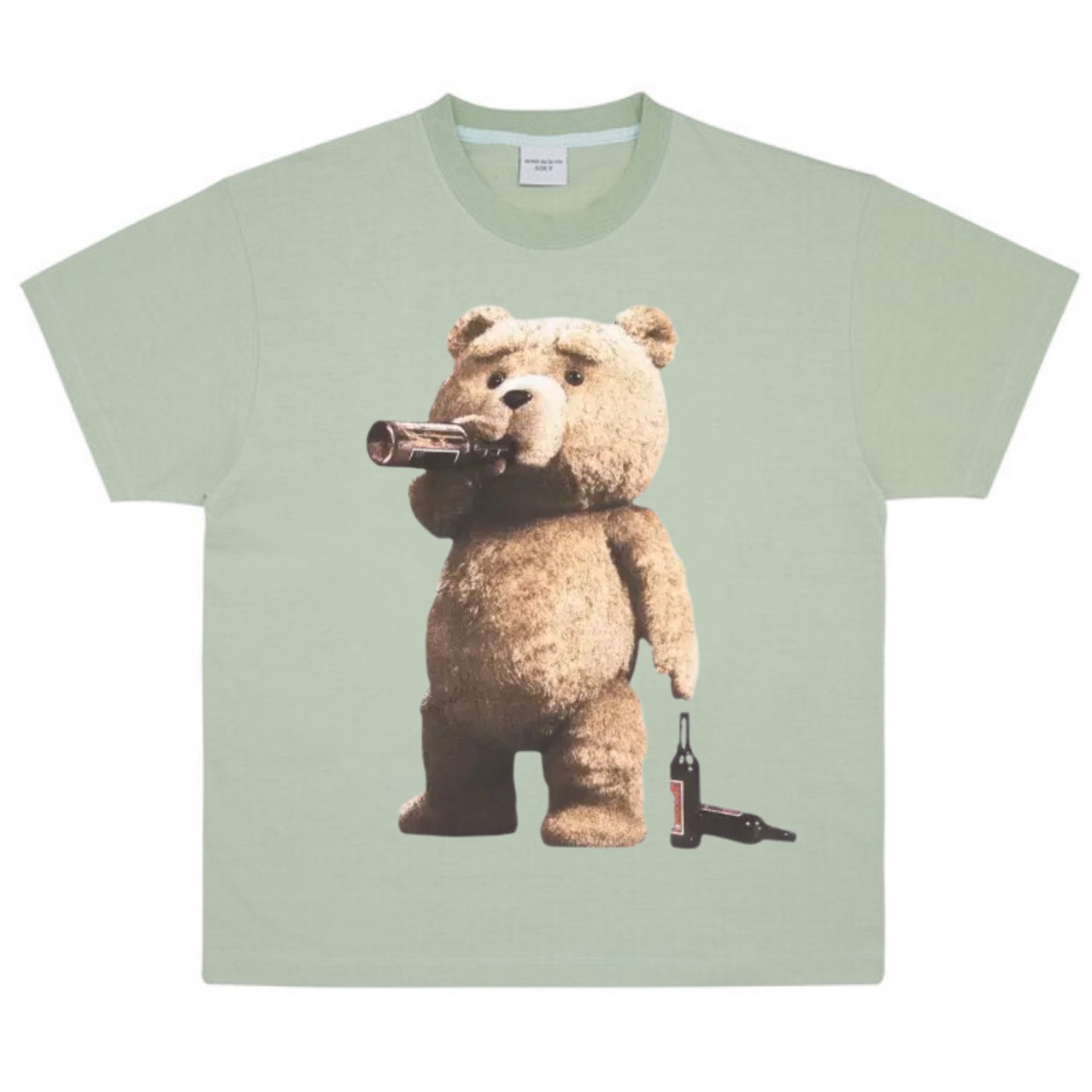 韩国设计师款服装潮牌男女同款喝酒泰迪熊图案休闲宽松短袖t恤