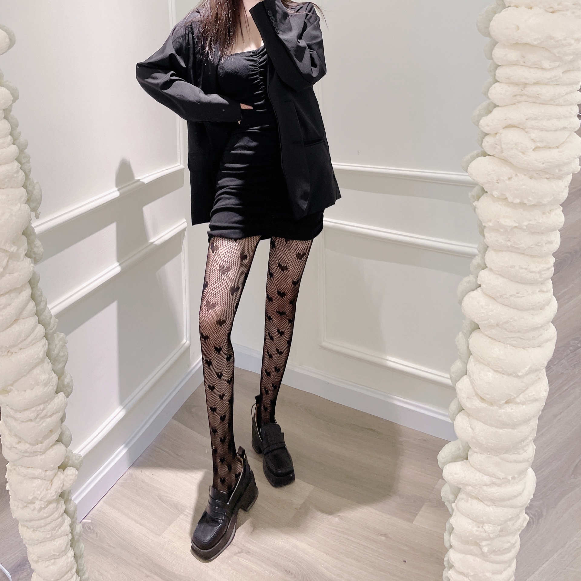 lolita爱心连裤袜女性感渔网袜少女春夏薄款黑丝镂空ins心形网袜