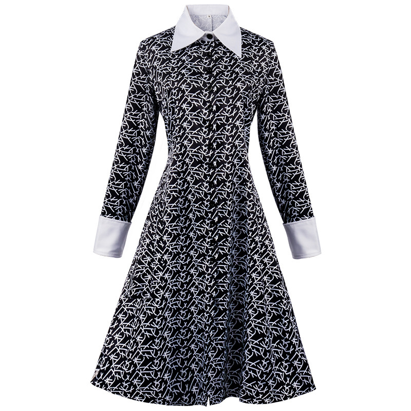 Adams Family Cos Costume Halloween Wednesday Adams Black Dress Printed Dress Cosplay Costume