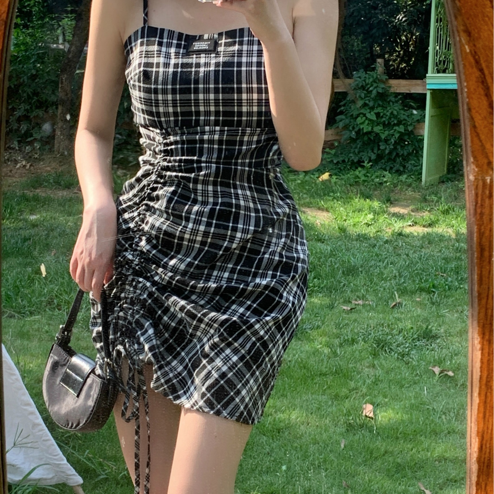 2022夏季新款辣妹格子拼色吊带裙收腰抽绳绑带抹胸包臀时尚连衣裙