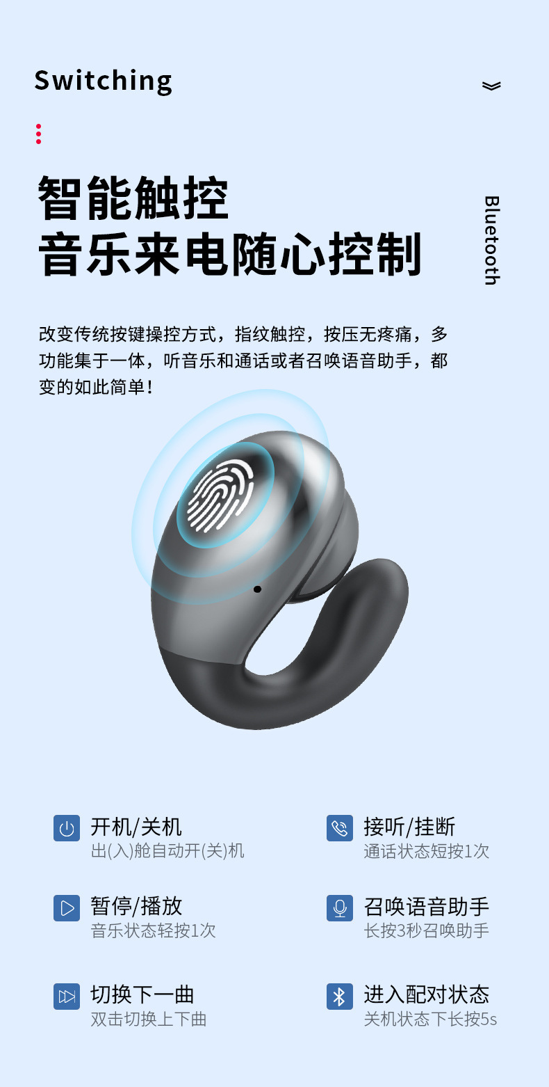 s19数显蓝牙耳机骨传导不入耳挂耳式耳机触控5.0立体声真无线蓝牙