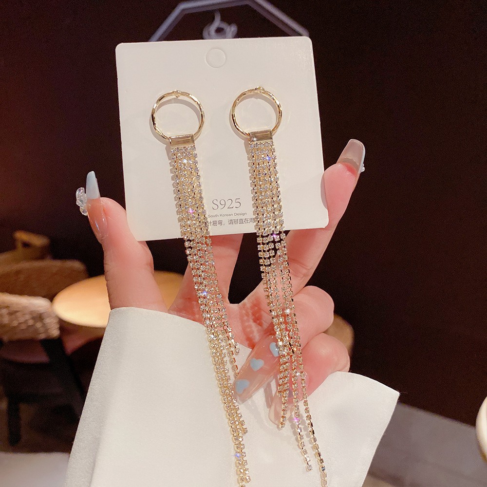 925 Silver Needle Light Luxury Zircon All-Match Earrings High-Grade Fashion Earrings Female Temperament Hot Tassel Earrings Wholesale