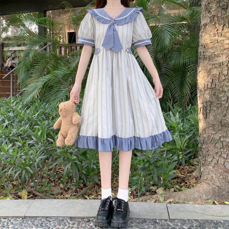 学院风海军领连衣裙少女夏装中学生条纹拼色jk裙小个子甜美中长裙