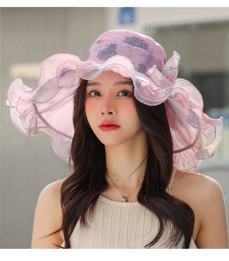 2022春夏季新款花朵大沿网纱帽欧美风欧根纱外出沙滩防晒遮阳帽女