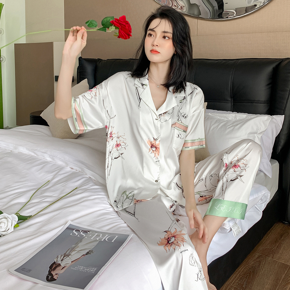中国风仿真冰丝睡衣女春夏短袖长裤套装高级感贡缎丝绸睡衣家居服