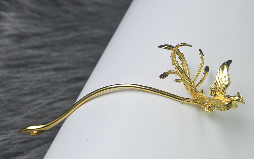 纯银镀厚金凤凰发簪汉服盘发头饰发簪结婚凤簪