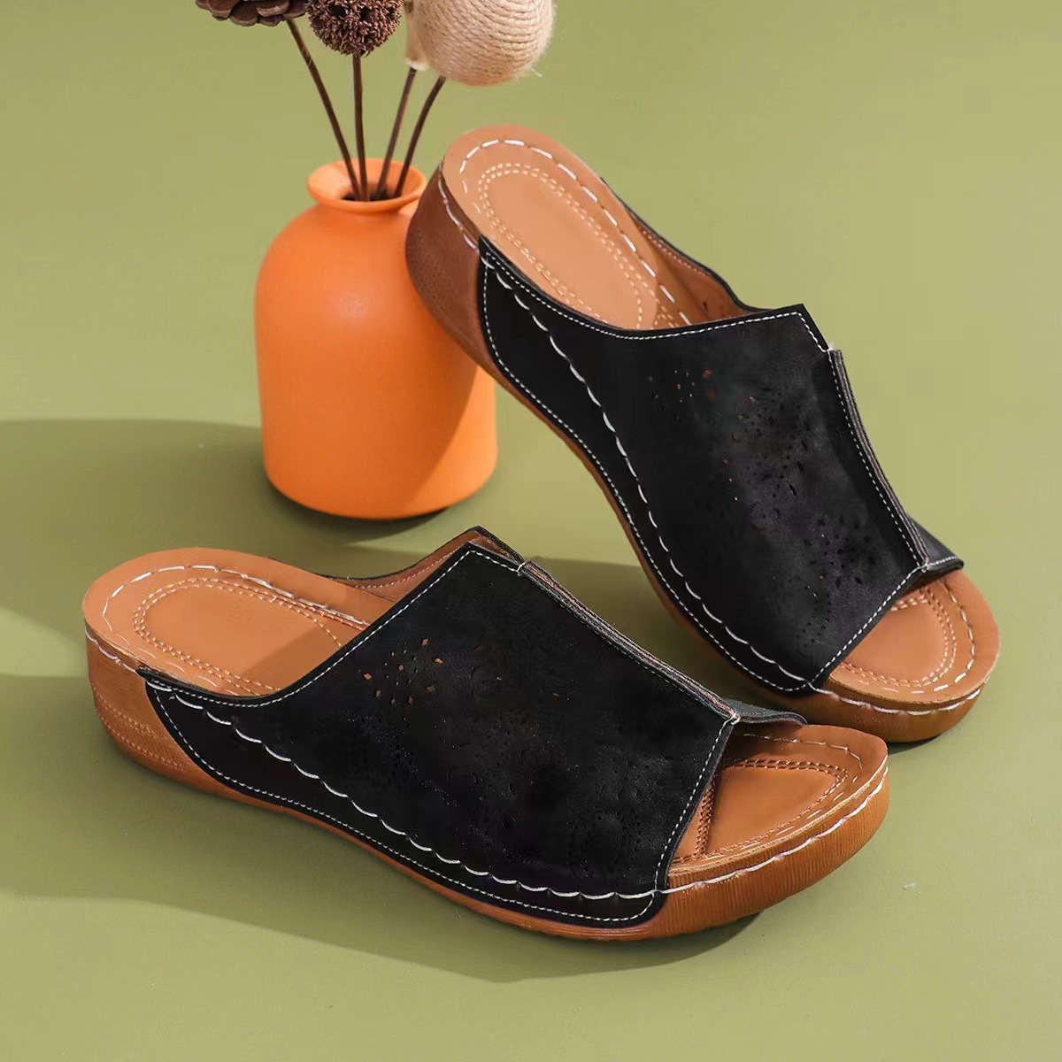 欧美大码女士鱼嘴套趾拖鞋2024夏季新款激光镂空花朵厚跟凉拖鞋女