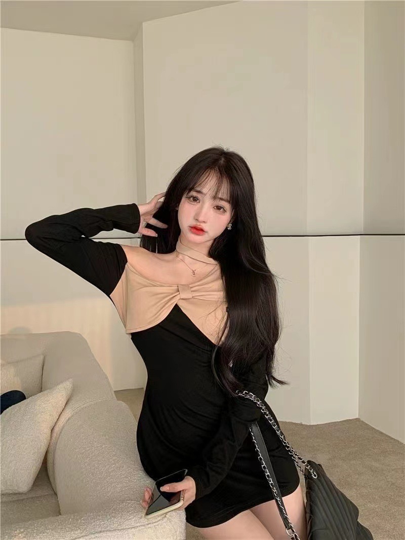 御姐禁欲系露香肩蝴蝶结连衣裙长袖包臀短裙纯欲辣妹穿搭拼接爆款