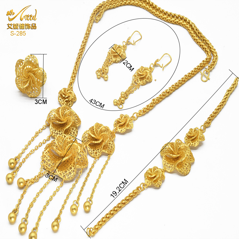 2023 Dubai 24K Gold-Plated Flowers Hollow Jewelry Set Necklace Earring Bracelet Ring Middle East Dubai Ornament
