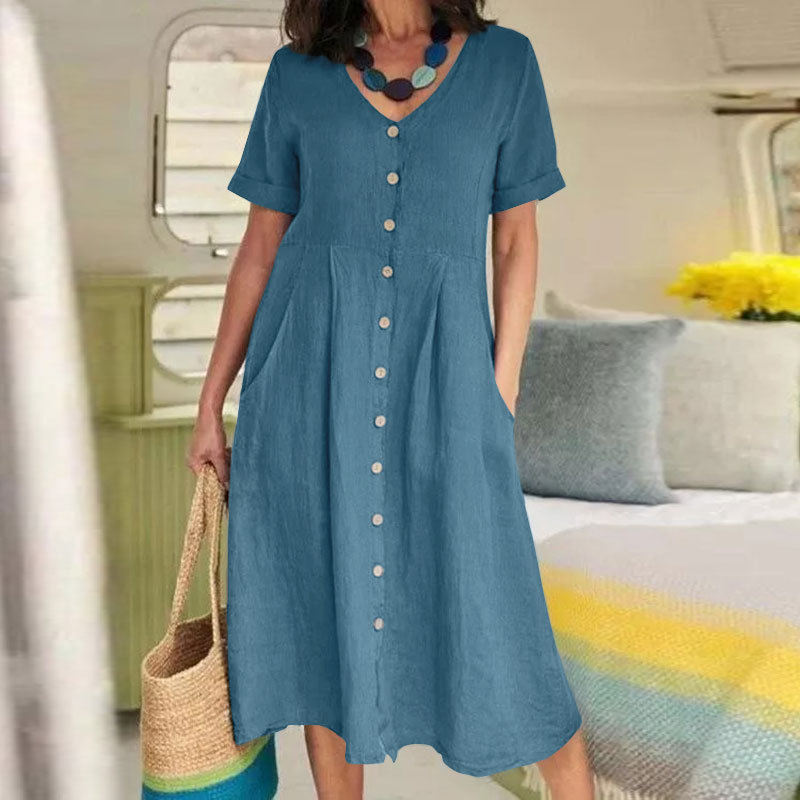 2022 Spring and Summer New Amazon Independent Station Aliexpress Ebay New Solid Color Loose High Waist Cotton and Linen Dress