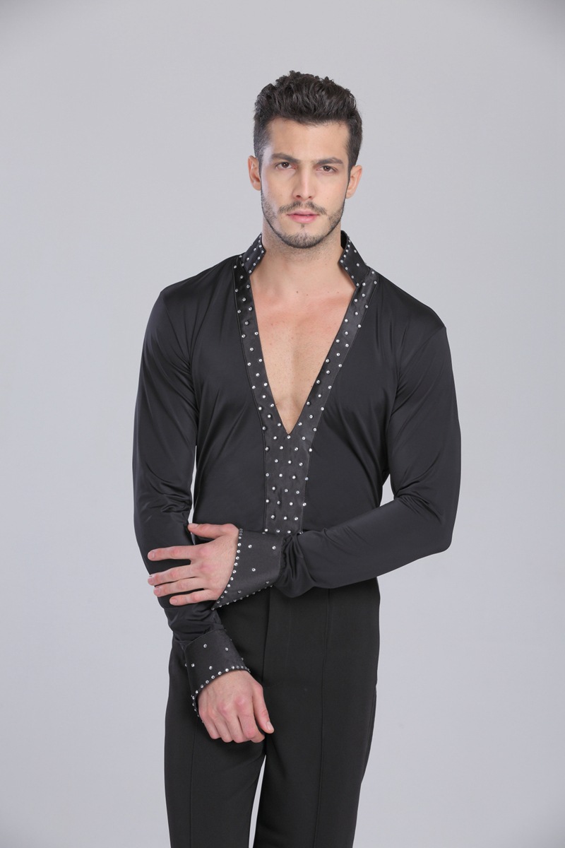 丹凯拉丁舞表演上衣成人男镶钻比赛服表演服立领深v领马蹄男上衣