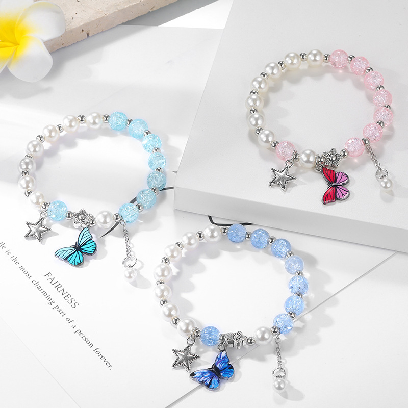 New Elegant Girlfriends Pearl Cracked Cystal Bracelet Special-Interest Design Japanese and Korean Blue Bow Bracelet Cross-Border Sold Jewelry