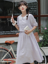 女装2023夏季新品十三行甜美时尚风奶油紫薯娃娃领花边领假两件裙