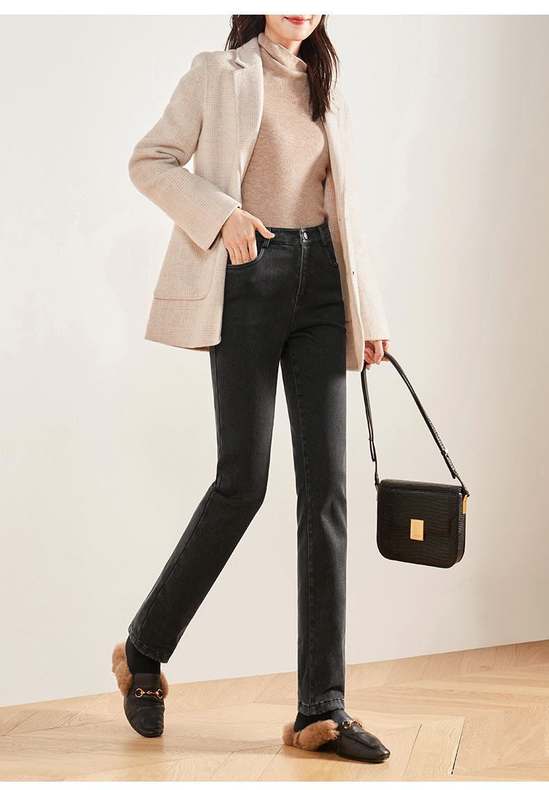 娅丽达加绒女裤深色牛仔裤女2021秋冬新款加厚直筒裤保暖黑色裤子