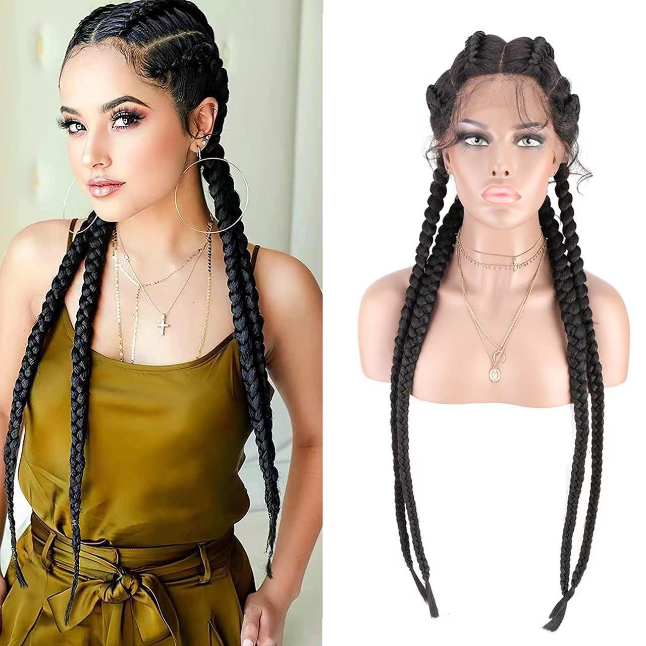 四根辫子前蕾丝假发头套欧美时尚长发辫子高温丝化纤蕾丝假发女士