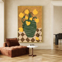现代棋盘格花瓶黄色花手绘油画入户玄关装饰画寓意客厅进门挂画