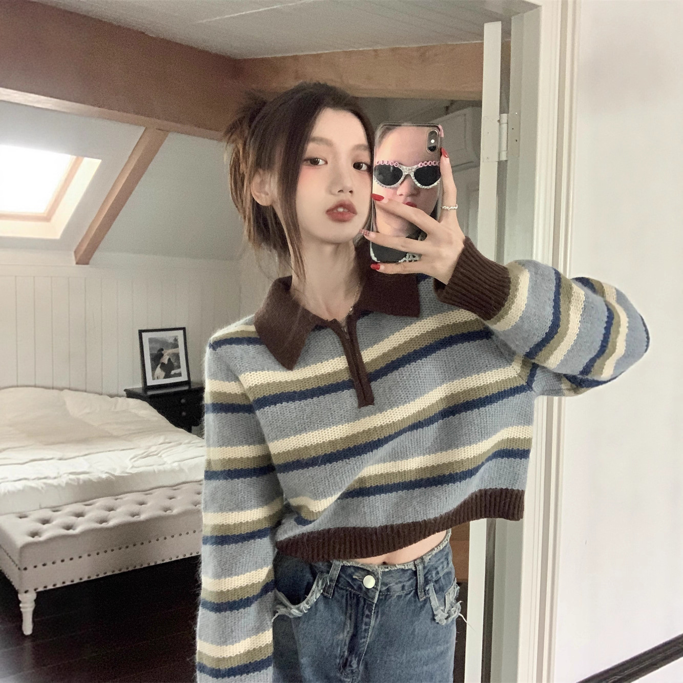 洋气复古百搭Polo领针织毛衣女春秋季宽松显瘦撞色条纹上衣潮百搭