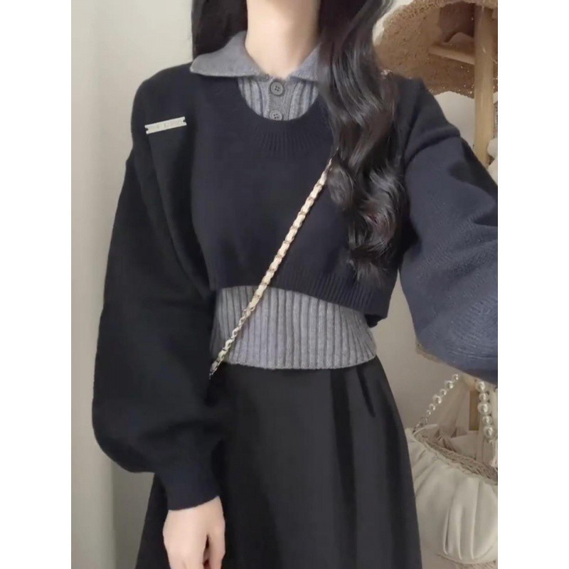 日系小众复古毛衣套装女秋冬学院风穿搭polo领长袖针织两件套上衣