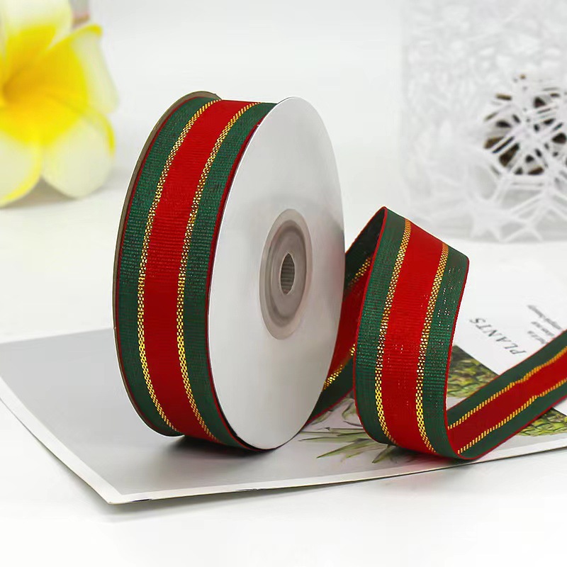 Cross-Border New Arrival Christmas Ribbon Red and Green Stripes Ribbon Jacquard Package Ribbon Gift Accessories Ribbon Factory Wholesale