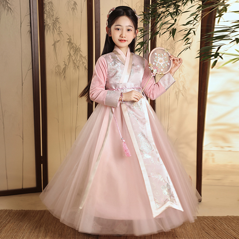 汉服女童2024新款春秋款古风超仙日常中国风高端公主裙古装儿童粉