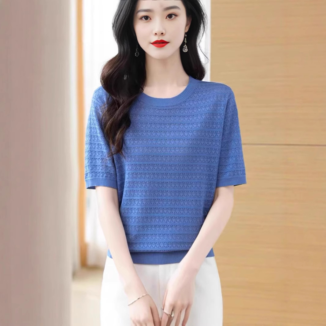 桑蚕丝上衣女25新款镂空透气冰丝针织衫圆领薄款宽松短袖上衣t恤